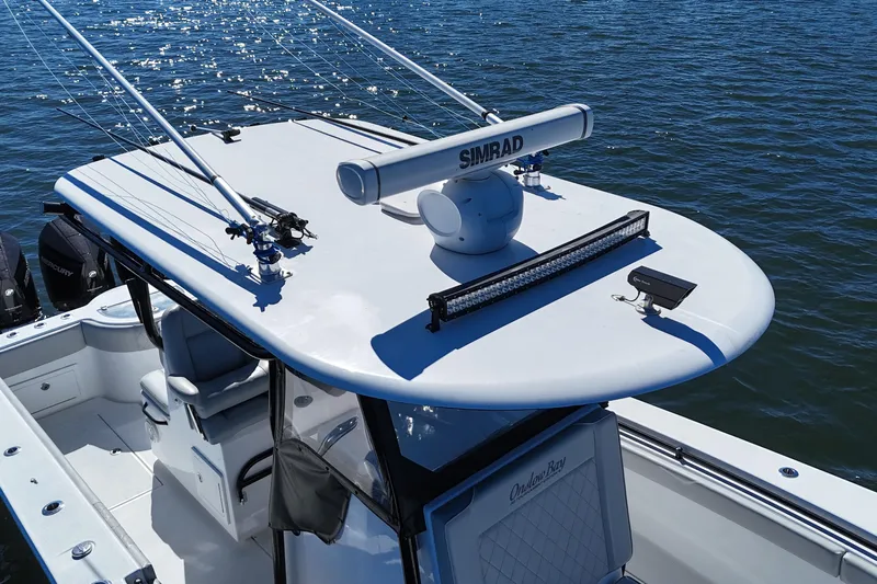  Yacht Photos Pics 2021 Onslow Bay 33 Tournament boat with Simrad radar on calm water.