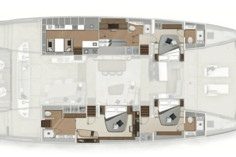 Sixty7 Yacht Photos Pics Floor plan of 2023 Lagoon SIXTY 7 yacht, showcasing luxurious cabins and living spaces.