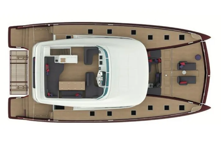 Sixty7 Yacht Photos Pics Top view of 2023 Lagoon SIXTY 7 luxury yacht with spacious deck layout.