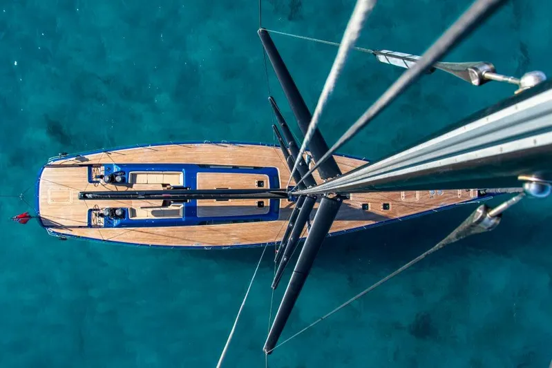  Yacht Photos Pics Aerial view of 2005 Wally 94' yacht on clear blue water.