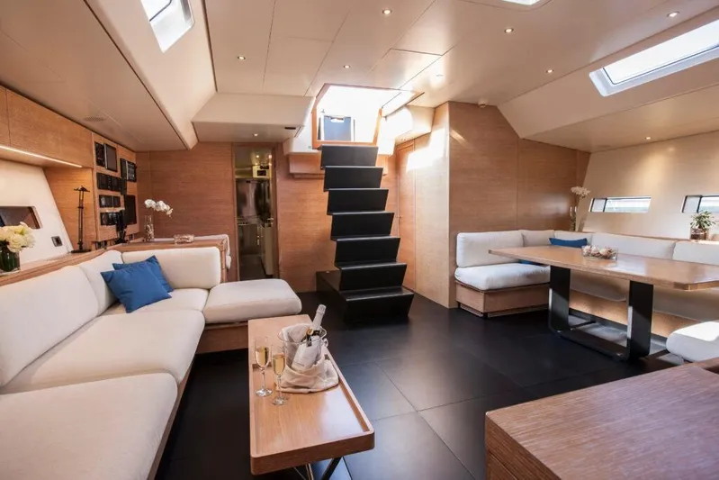  Yacht Photos Pics Luxurious interior of 2005 Wally 94' yacht with modern furnishings and elegant decor.