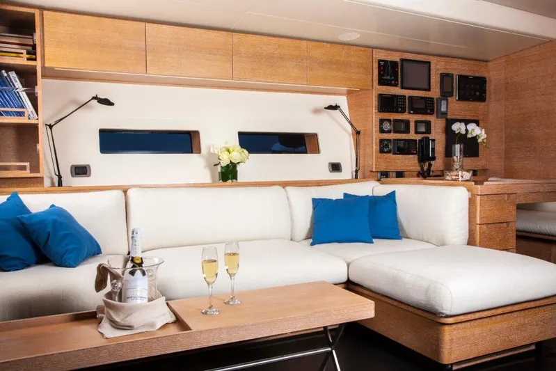  Yacht Photos Pics Luxurious interior of 2005 Wally WALLY 94' yacht with white sofa and champagne.