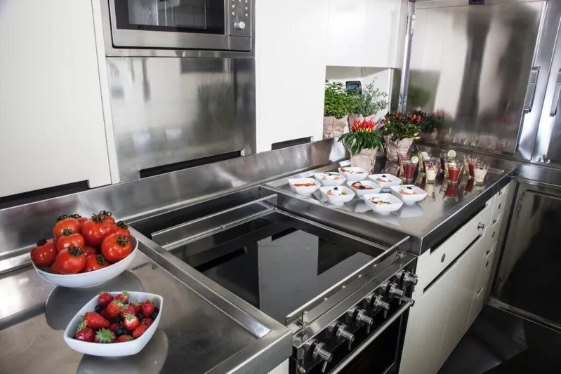  Yacht Photos Pics Modern yacht kitchen with stainless steel appliances, fresh fruits, and decorative plants.