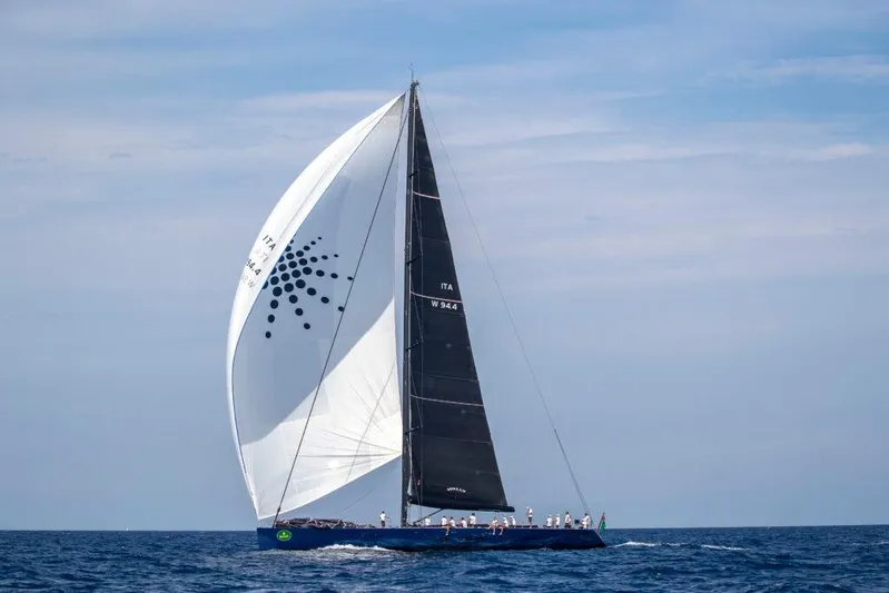  Yacht Photos Pics Sailing yacht Wally 94' from 2005 on open sea with full sails.