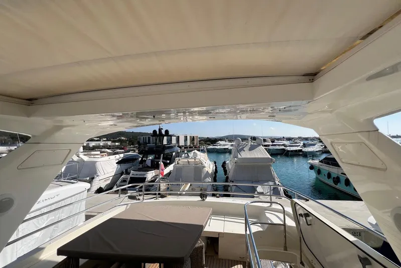  Yacht Photos Pics Luxurious 2013 Prestige 620 yacht docked in a scenic marina, surrounded by other boats.