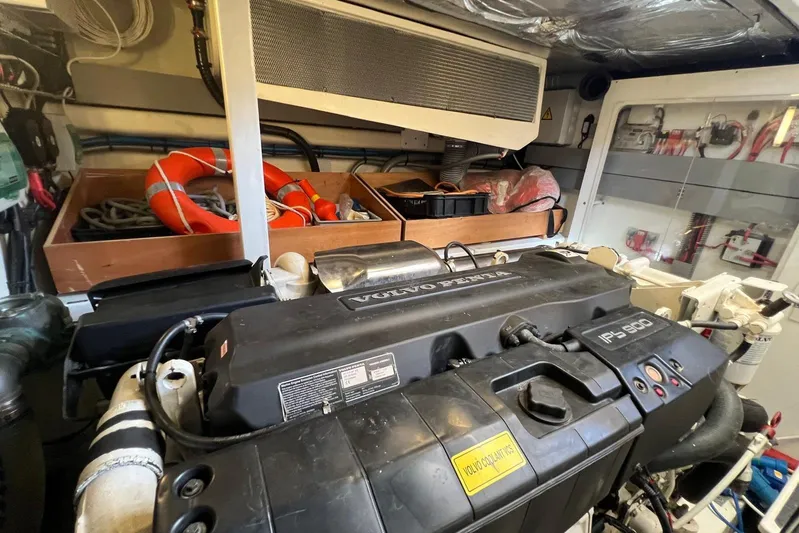  Yacht Photos Pics Engine room of a 2013 Prestige 620 yacht with Volvo Penta IPS 900 engine.