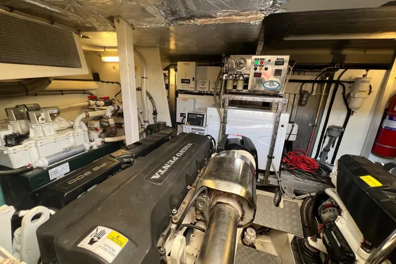 Yacht Photos Pics Engine room of 2013 Prestige 620 yacht with Volvo Penta engines and control systems.