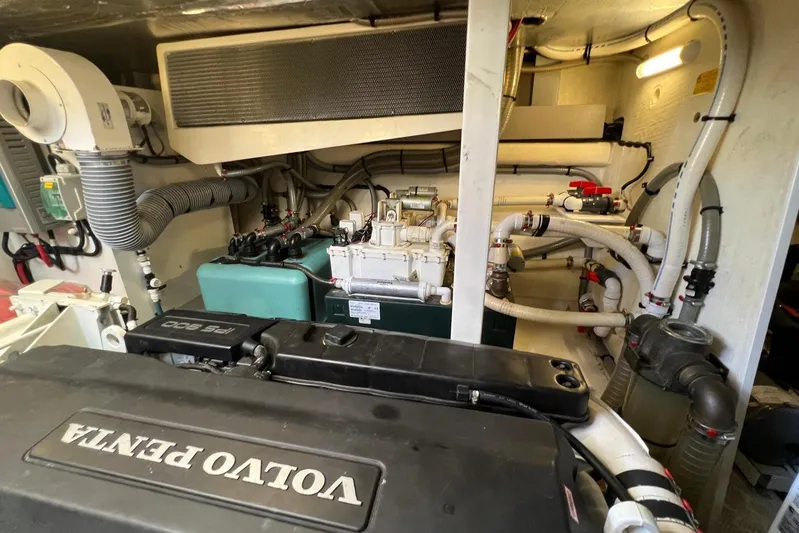  Yacht Photos Pics Engine room of a 2013 Prestige 620 yacht featuring Volvo Penta components.