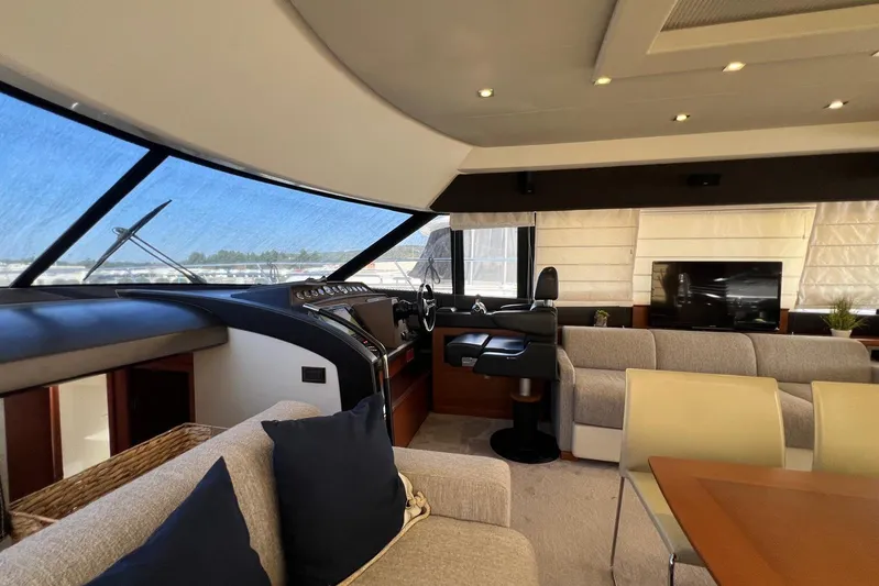  Yacht Photos Pics Luxurious interior of 2013 Prestige 620 yacht with modern seating and helm station.