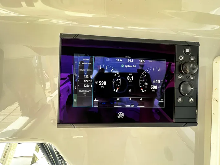  Yacht Photos Pics Dashboard display of a 2022 Boston Whaler 350 Realm boat showing engine metrics.