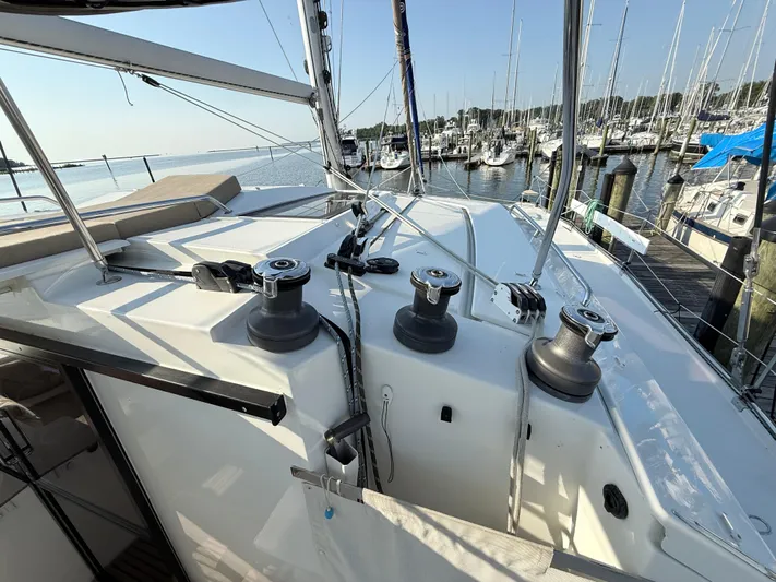 Sirena Yacht Photos Pics Fountaine Pajot Helia 44 catamaran deck view, 2015 model, docked at marina.