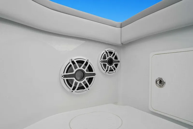  Yacht Photos Pics 2023 Yellowfin 39 Offshore boat speakers and storage compartment detail.