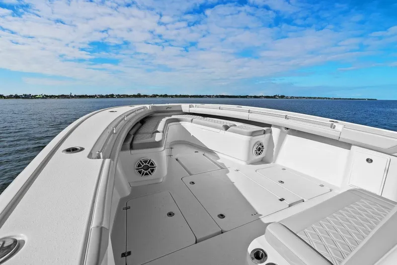  Yacht Photos Pics 2023 Yellowfin 39 Offshore boat interior with spacious seating and ocean view.