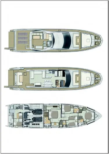 Goldinia Yacht Photos Pics Floor plan of 2021 Azimut 72 yacht, showcasing three levels with detailed interior layout.
