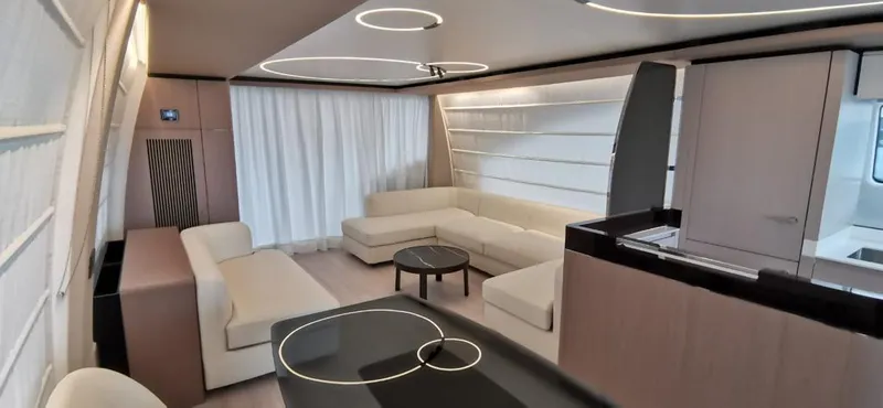 Goldinia Yacht Photos Pics Luxurious interior of 2021 Azimut 72 yacht with modern furnishings and elegant design.