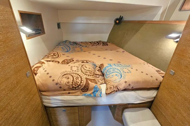 Cnb 60 Yacht Photos Pics Luxurious cabin interior of 2013 CNB BORDEAUX 60 yacht with patterned bedding.