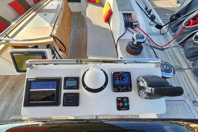 Cnb 60 Yacht Photos Pics Control panel of a 2013 CNB BORDEAUX 60 yacht with navigation instruments.