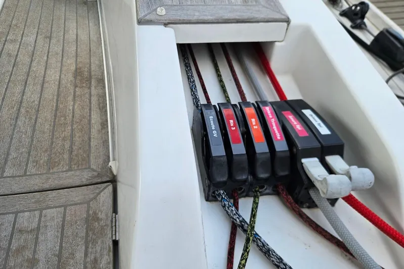 Cnb 60 Yacht Photos Pics Control panel with labeled ropes on a 2013 CNB BORDEAUX 60 yacht deck.