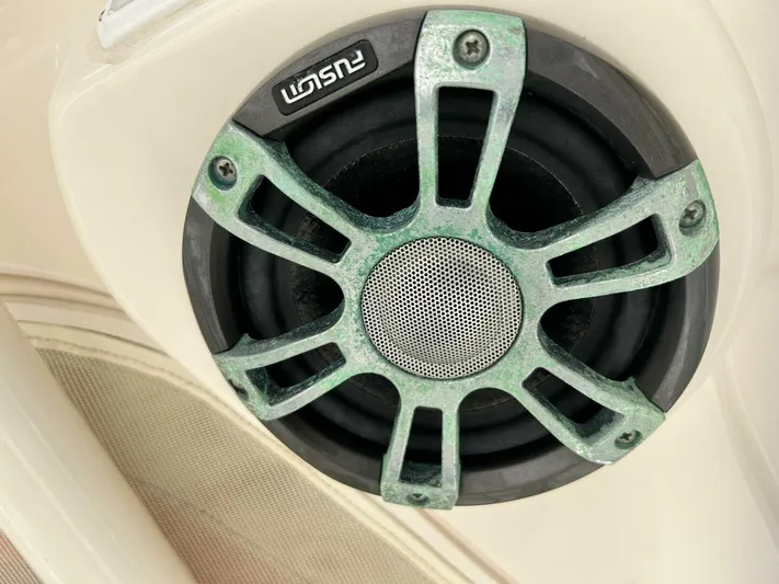  Yacht Photos Pics Close-up of a Fusion speaker on a 2019 Grady-White 306 CANYON boat.