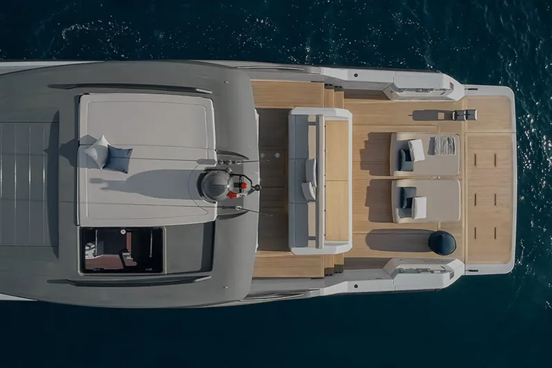 Bluegame Bg54#29 (new) Yacht Photos Pics Top view of 2025 Bluegame BG54 yacht with spacious deck and seating area.