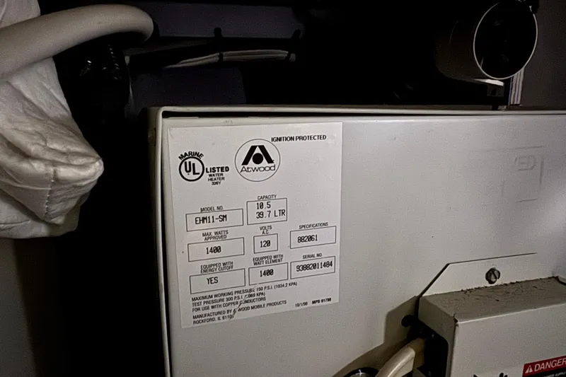  Yacht Photos Pics 2002 Silverton 352 Motor Yacht water heater label, Atwood model EHM11-SM, 10.5-gallon capacity.