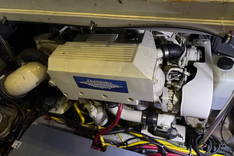  Yacht Photos Pics Engine compartment of a 2002 Silverton 352 Motor Yacht, featuring a Diamond Performance Series engine.