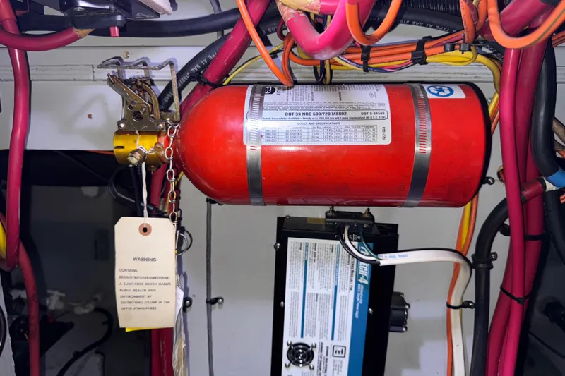  Yacht Photos Pics Fire suppression system in 2002 Silverton 352 Motor Yacht engine room with wiring and warning tag.