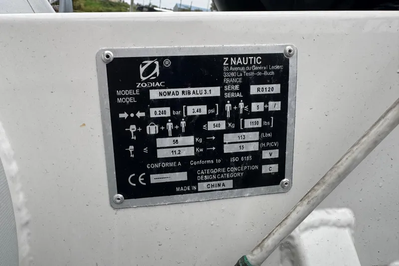  Yacht Photos Pics Zodiac Nomad RIB ALU 3.1 specifications plate on a 2002 Silverton 352 Motor Yacht.