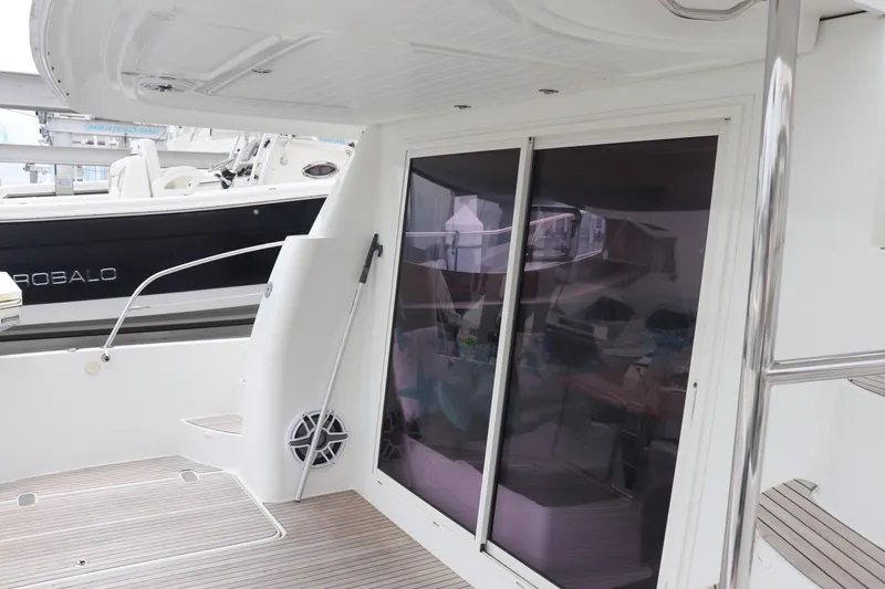 Beach Cat Yacht Photos Pics Fountaine Pajot 40 catamaran deck with sliding glass doors, 2012 model.