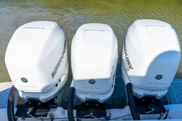  Yacht Photos Pics Triple Mercury outboard engines on a 2023 Intrepid 438 Evolution boat.