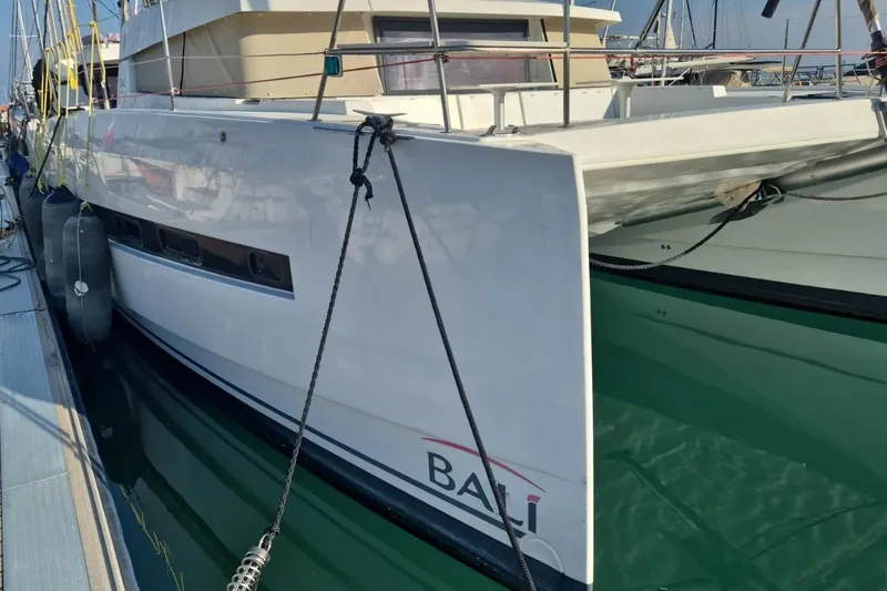  Yacht Photos Pics 2017 Bali 4.3 catamaran docked at marina, side view.