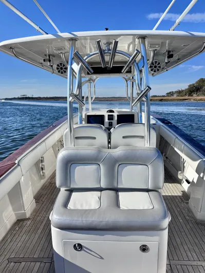 Yacht Photos Pics Interior view of a 2015 Jupiter 38 HFS boat on the water.