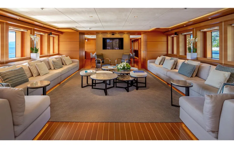 Zaliv III Yacht Photos Pics Luxurious Mondomarine yacht interior with elegant seating, modern decor, and large windows, 2011 model.