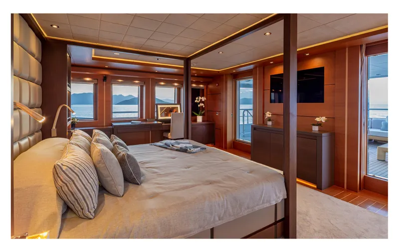 Zaliv III Yacht Photos Pics Luxurious Mondomarine 2011 yacht bedroom with ocean views and elegant interior design.