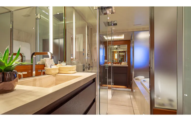 Zaliv III Yacht Photos Pics Luxurious Mondomarine Semi Displacement yacht bathroom, featuring modern fixtures and elegant design, 2011 model.