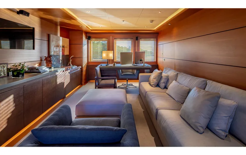 Zaliv III Yacht Photos Pics Luxurious interior of 2011 Mondomarine Semi Displacement yacht with modern furnishings and elegant decor.