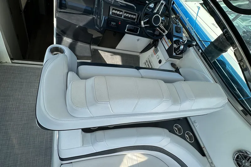  Yacht Photos Pics 2019 Formula 37 Performance Cruiser cockpit with white seating and modern controls.