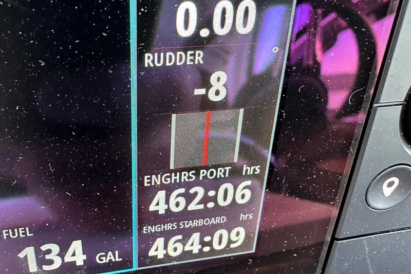  Yacht Photos Pics Close-up of 2019 Formula 37 Performance Cruiser dashboard display showing rudder angle and engine hours.
