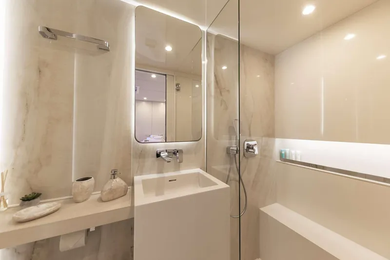 Sinata Yacht Photos Pics Luxurious bathroom in 2019 Sunreef 60 yacht with modern fixtures and elegant design.