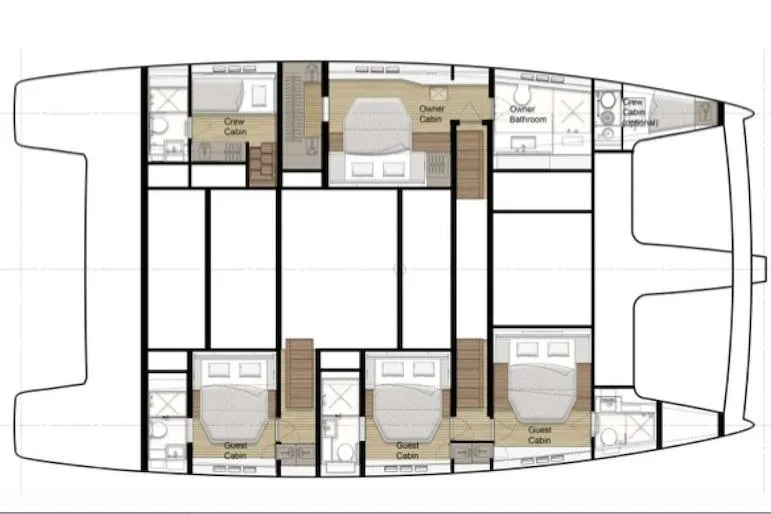 Sinata Yacht Photos Pics Floor plan of a 2019 Sunreef 60 catamaran, featuring cabins and bathrooms.
