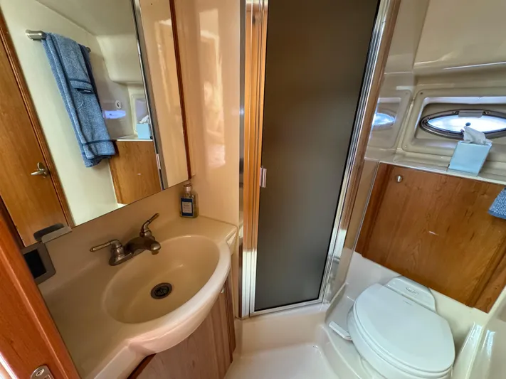 Baby Cake Yacht Photos Pics 2004 Meridian 381 Sedan bathroom with sink, toilet, and shower.