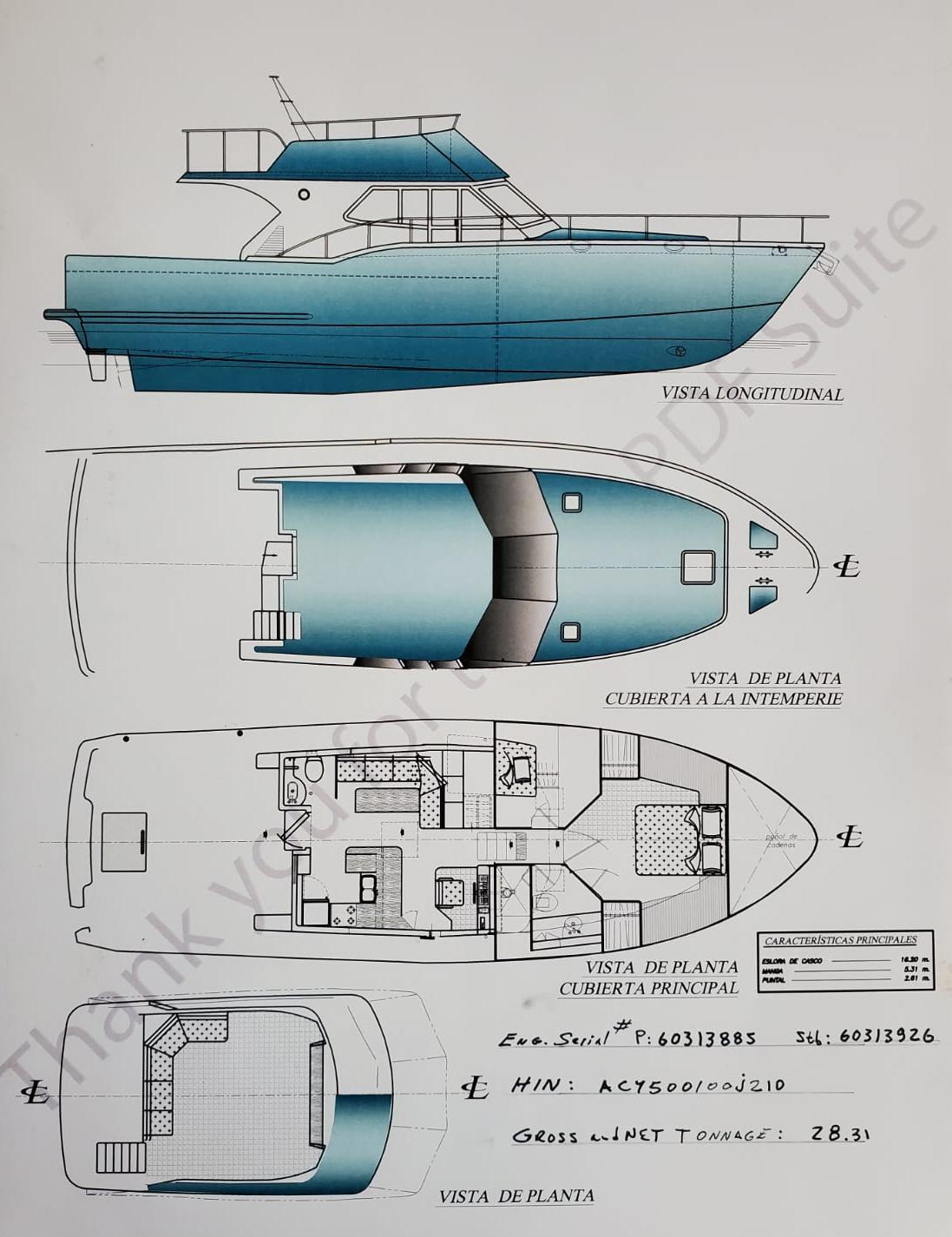 Blueprint of 2010 Alpha 50 yacht, showcasing side and top views with detailed interior layout.