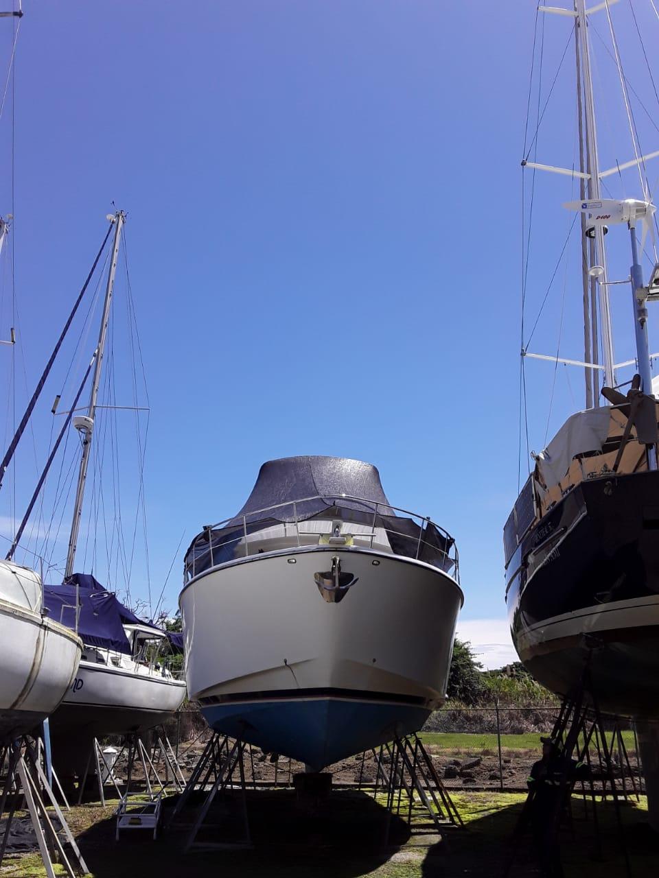 Sailboats docked on land under clear blue sky, featuring a 2010 Alpha 50 model.