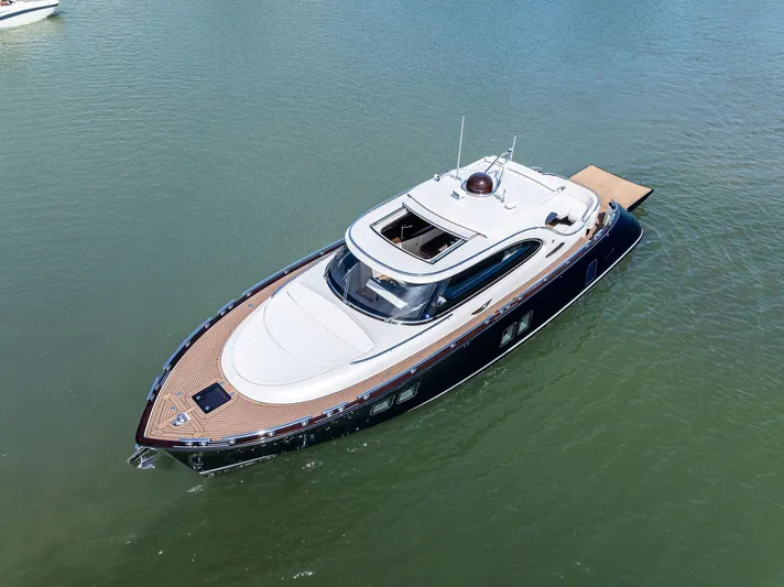 A. Noochette Yacht Photos Pics 2024 Zeelander Z5 luxury yacht on calm water, aerial view.