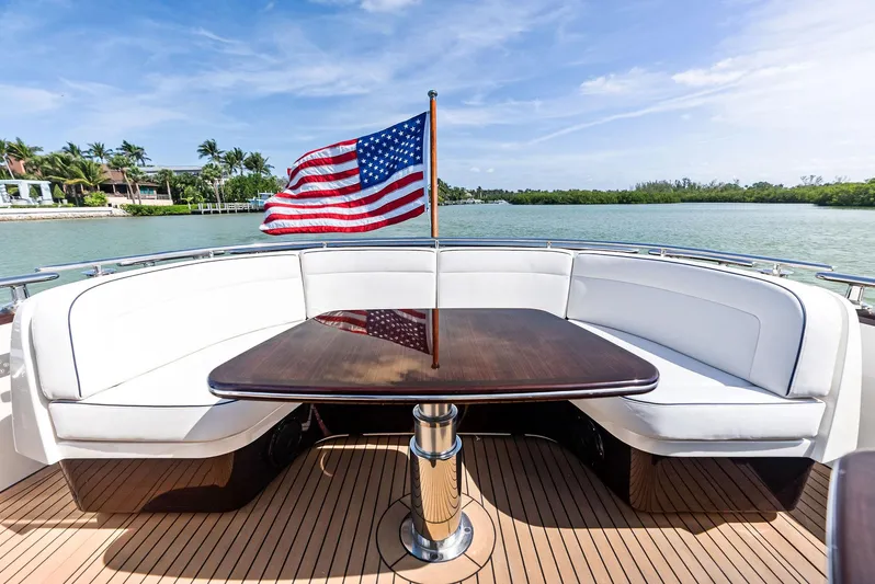 A. Noochette Yacht Photos Pics 2024 Zeelander Z5 yacht with American flag, elegant seating, and scenic water view.