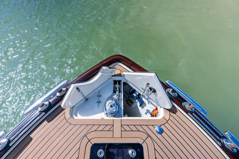 A. Noochette Yacht Photos Pics Bow view of 2024 Zeelander Z5 yacht with open anchor compartment.