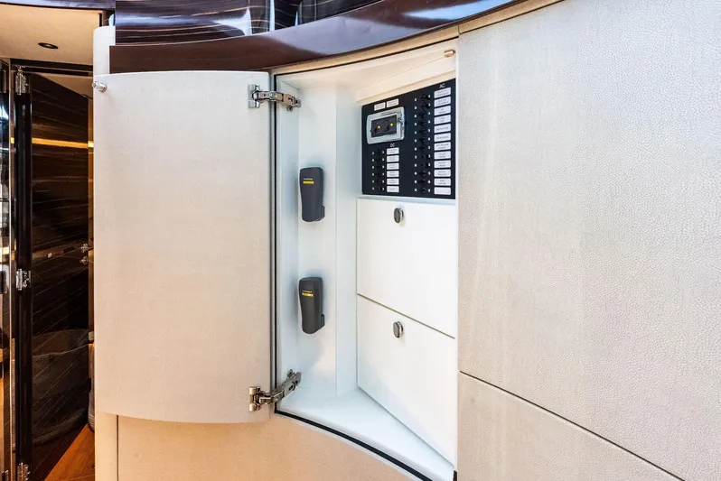 A. Noochette Yacht Photos Pics 2024 Zeelander Z5 yacht interior control panel with open cabinet.