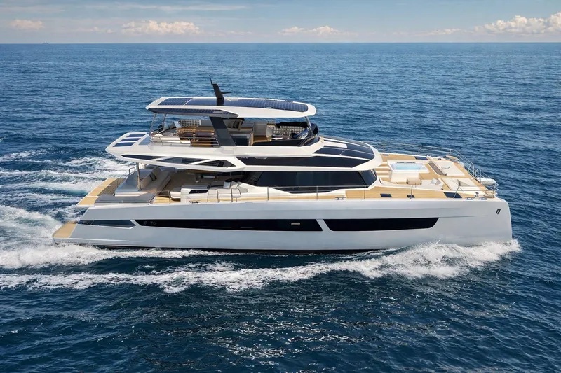 Hull #2 Fpy 70 - Coming End 2026 Yacht Photos Pics Luxurious 2027 Fountaine Pajot FPY 70 yacht cruising on open sea.