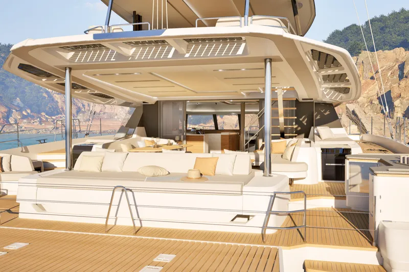 Hull #2 Fpy 70 - Coming End 2026 Yacht Photos Pics Luxurious 2027 Fountaine Pajot FPY 70 yacht with spacious deck and elegant seating area.