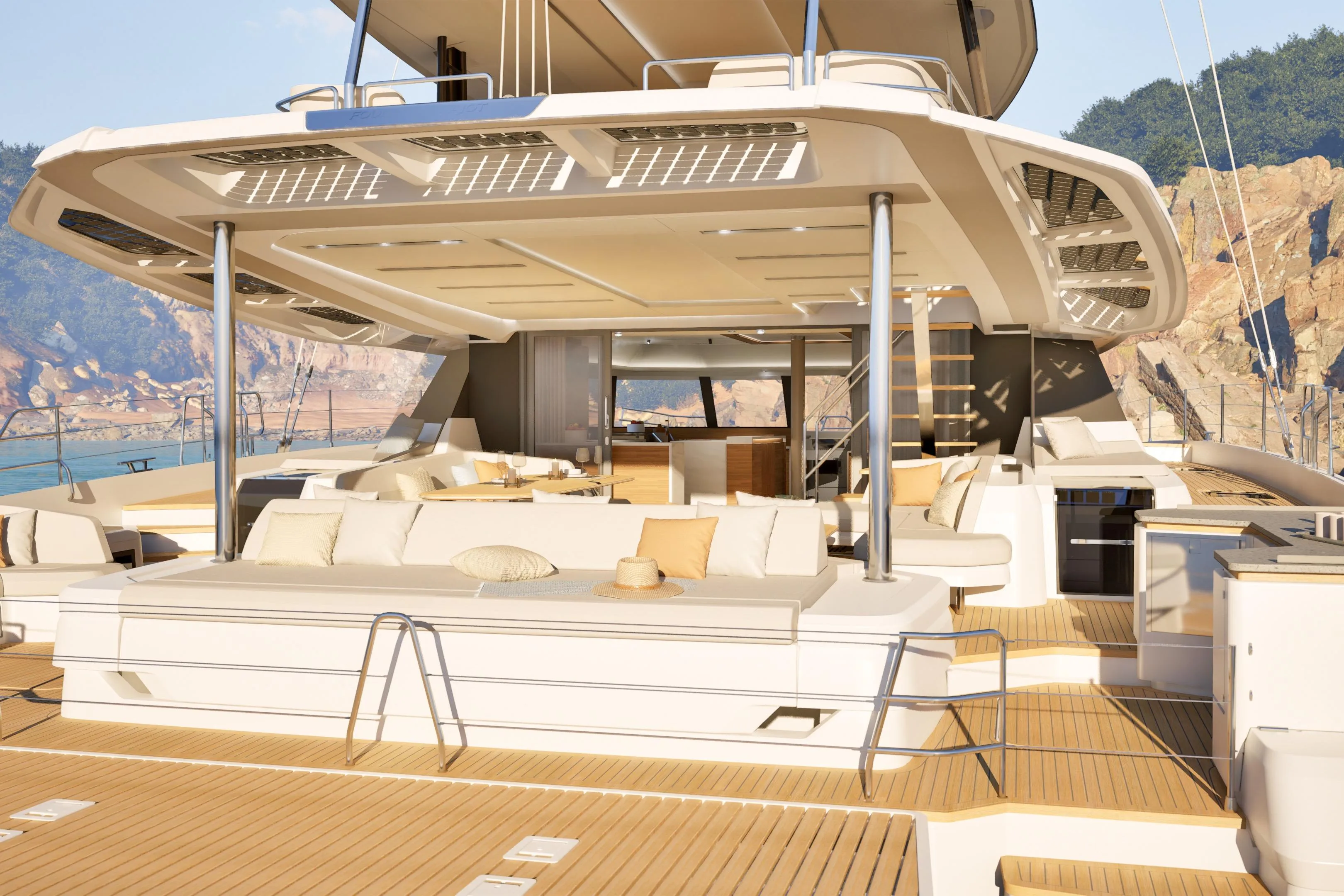 Luxurious 2027 Fountaine Pajot FPY 70 yacht with spacious deck and elegant seating area.